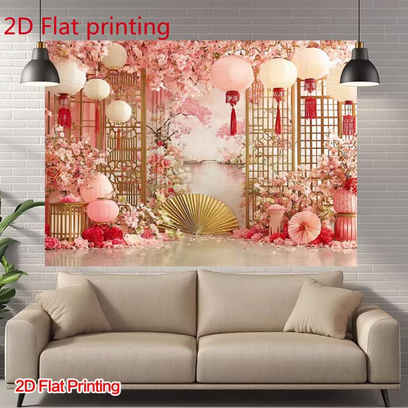2D Printed Backdrop with Cherry Blossoms, Chinese Lanterns, Golden Screens and Fan