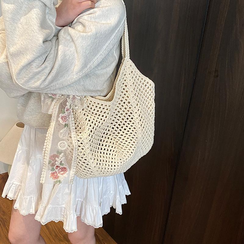 Summer Lace Bow Tote Bags Women Raffia Knitting Woven Shoulder Bag  Rattan Large Casual Crochet Shopping Bag Ladies Handbag