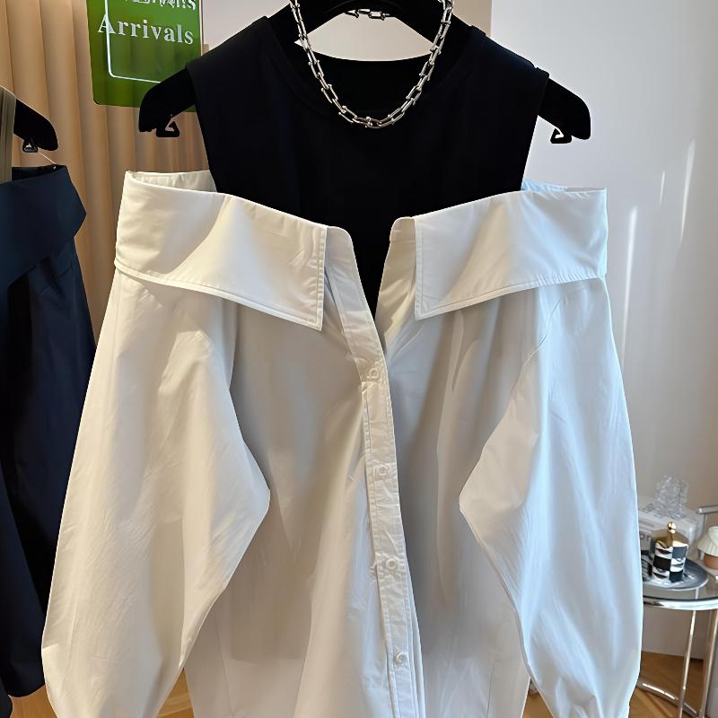 WTEMPO Autumn Off Shoulder Blouses for Women - Slim & Loose Spliced Long Sleeve Tank Top Shirt Round Neck Fashion Casual Tops