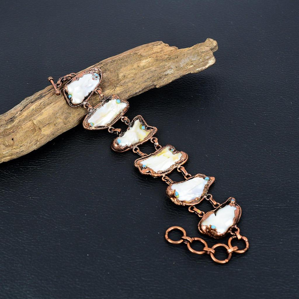 Blistar Biwa Pearl Bracelet, Copper Electroformed Gemstone Jewelry, Handmade Bracelet For Mother Day