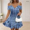 Women Plus Size Cold Shoulder V Neck Short Sleeve Chain Straps Zipper Blue Printed Dress