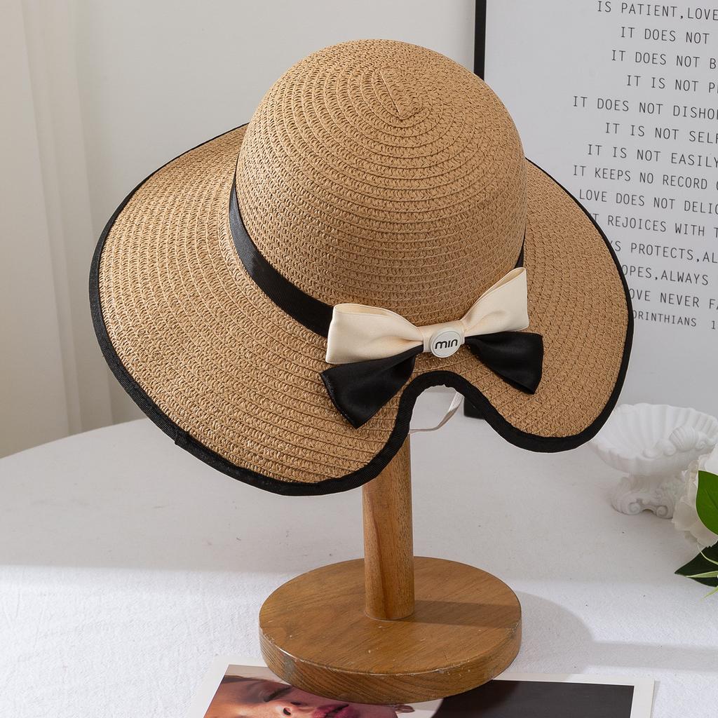 New bow straw hat women's summer sunscreen sun hat casual versatile large brim straw woven sun hat
