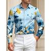 Men's Blue and Yellow Flower Printed Long Sleeve Shirt with Flip Collar Flower Shirt, Vacation Casual Trendy Men's Top