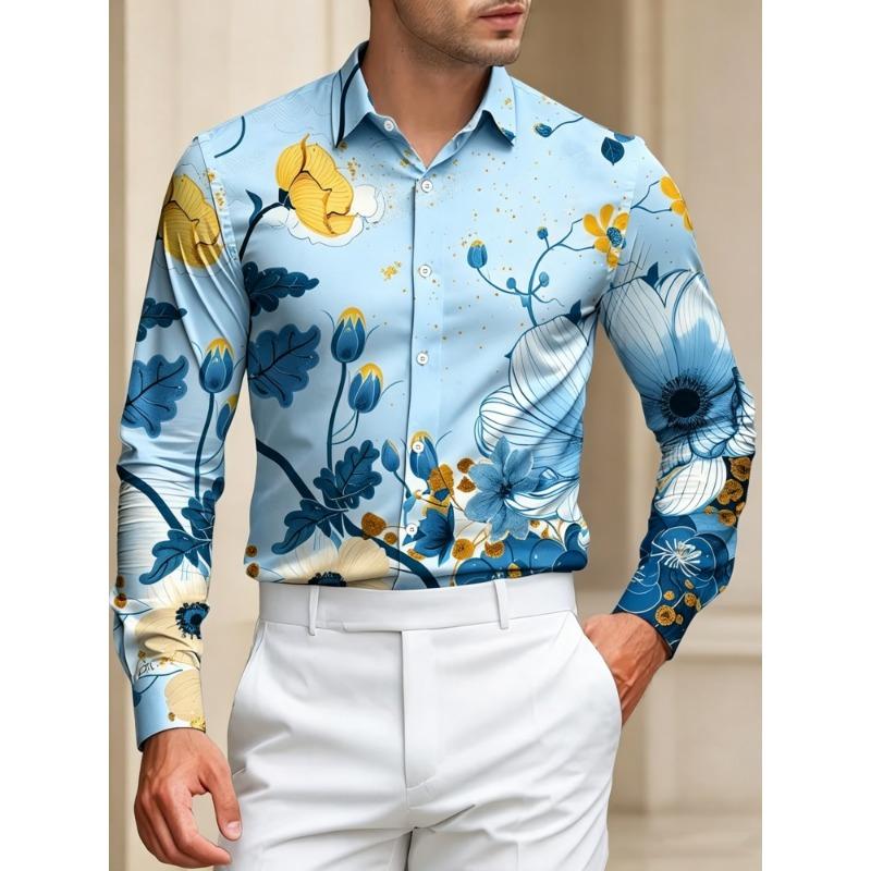 Men's Blue and Yellow Flower Printed Long Sleeve Shirt with Flip Collar Flower Shirt, Vacation Casual Trendy Men's Top