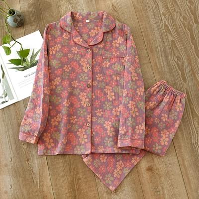 New Spring/Summer Pajama Set 100% Cotton Fragmented Flower Long Sleeved Pants Two Piece Buckle Set Ladies