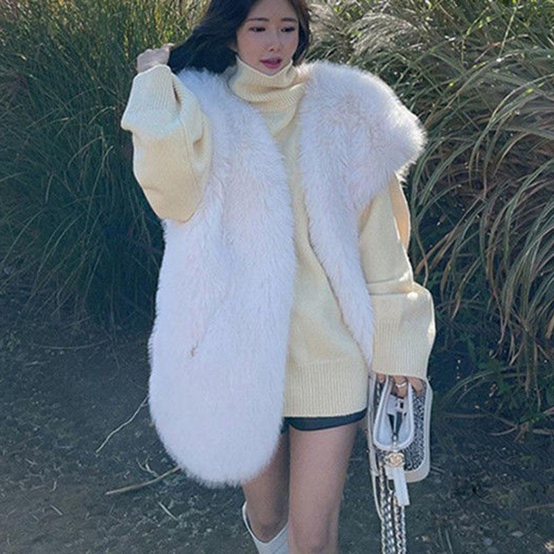 High-quality V Neck Fake Fur Vest Thickened Autumn Winter Plush Waistcoat Mid Length Sleeveless Furry Tanks Cardigan Tops Sleeveless Jackets Female