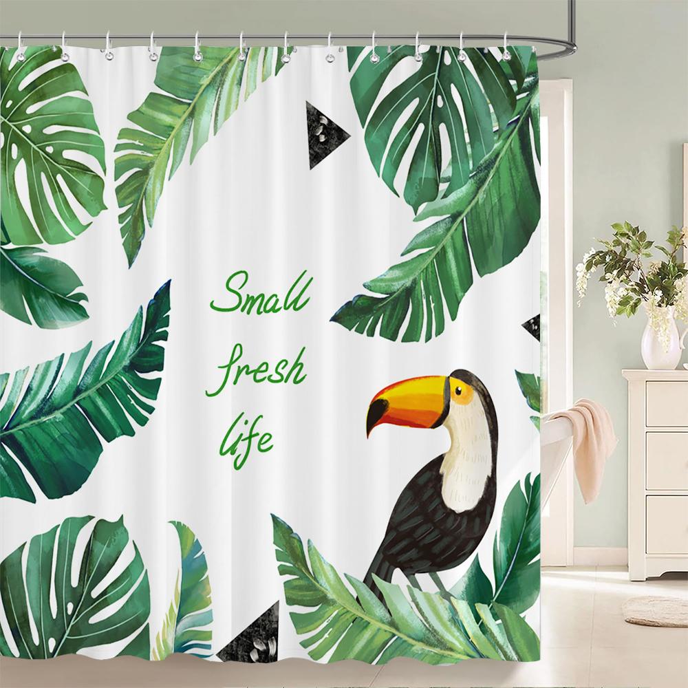 1 pack of Green leaf plant pattern polyester shower curtain bathroom partition curtain with hooks home decorative curtain