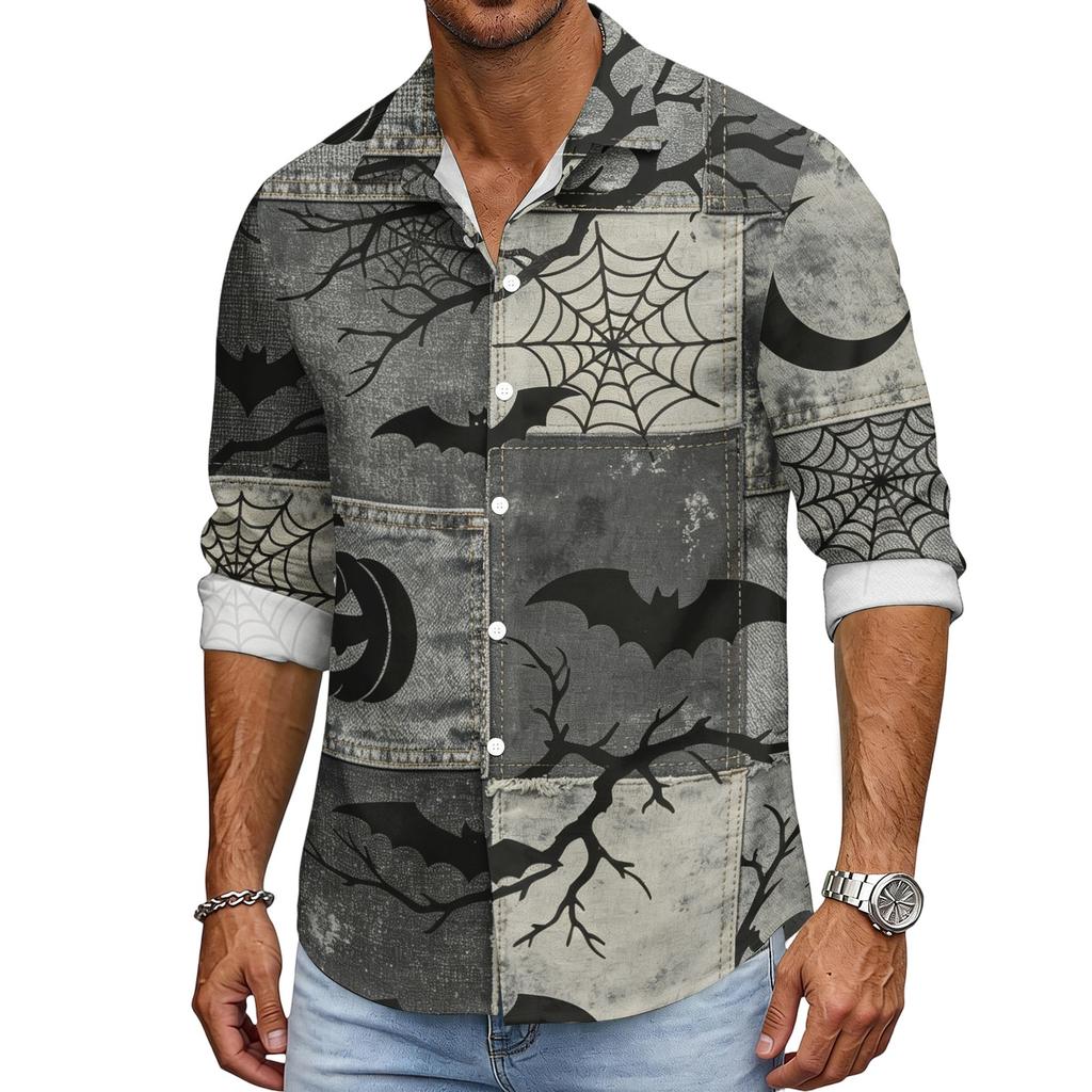 Men's Loose Fit Long Sleeve Shirt Halloween Design Breathable Casual Vintage Style Button Down Shirt for Spring and Autumn Outdoor Workwear