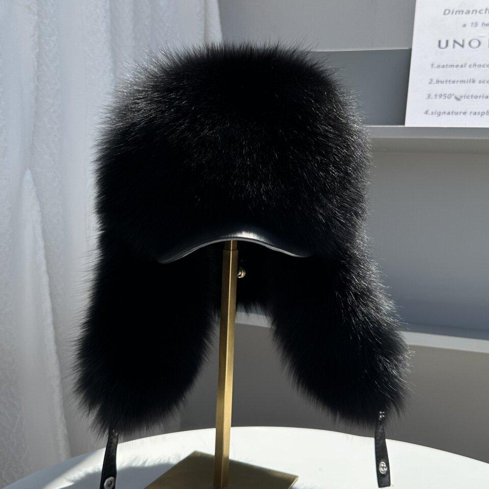 New Winter Men's 100% Real Silver Fox Fur Bomber Hat Raccoon Fur Ushanka Cap Trapper Russian Man Ski Hats Caps Real Leather
