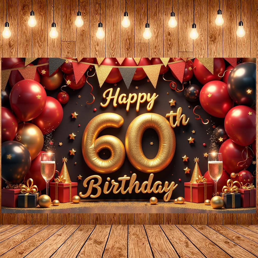 60th Birthday Backdrop Glitter Gold Finish Happy 60th Birthday Banner Birthday Photo Display Champagne Glass Elements