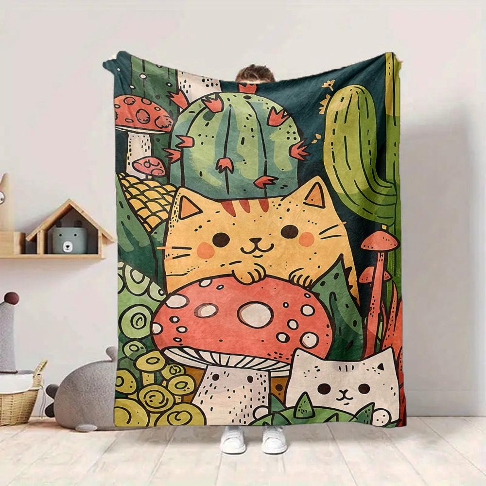 1pc Cactus Mushroom Cat Pattern Blanket, Lightweight Flannel Throw Blanket for Sofa, Bed, Travel, Camping, Living Room, Office, Couch025