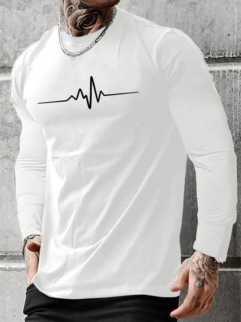 Baumwolle Herren Langarm Rundhals Locker Übergröße Einfaches Muster Gedruckt Herbst und Winter T-Shirt Oberteil Lässig Vielseitig