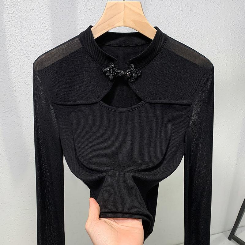 Women's Stand-up Collar Button-down Top New Modal Black Bottoming Shirt Long-sleeved T-shirt Women's