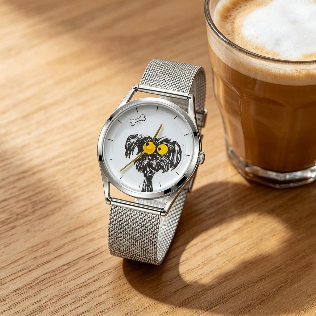 Scribbled Puppy Cartoon Quartz Watch Pointer Display Leather Band for Children Junior High School Students Unisex Student Watch