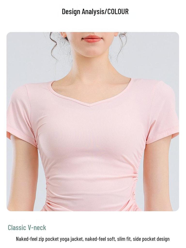 Women's V-Neck Short Sleeve Sports T-Shirt - Solid Color, Breathable, Slimming Fitness Top for Spring/Summer.