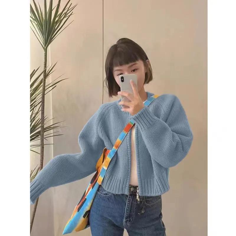 

Женский осенне-зимний однотонный кардиган с длинным рукавом и коротким вязанием, женский повседневный свитер-куртка на молнии с круглым вырезом XS синий