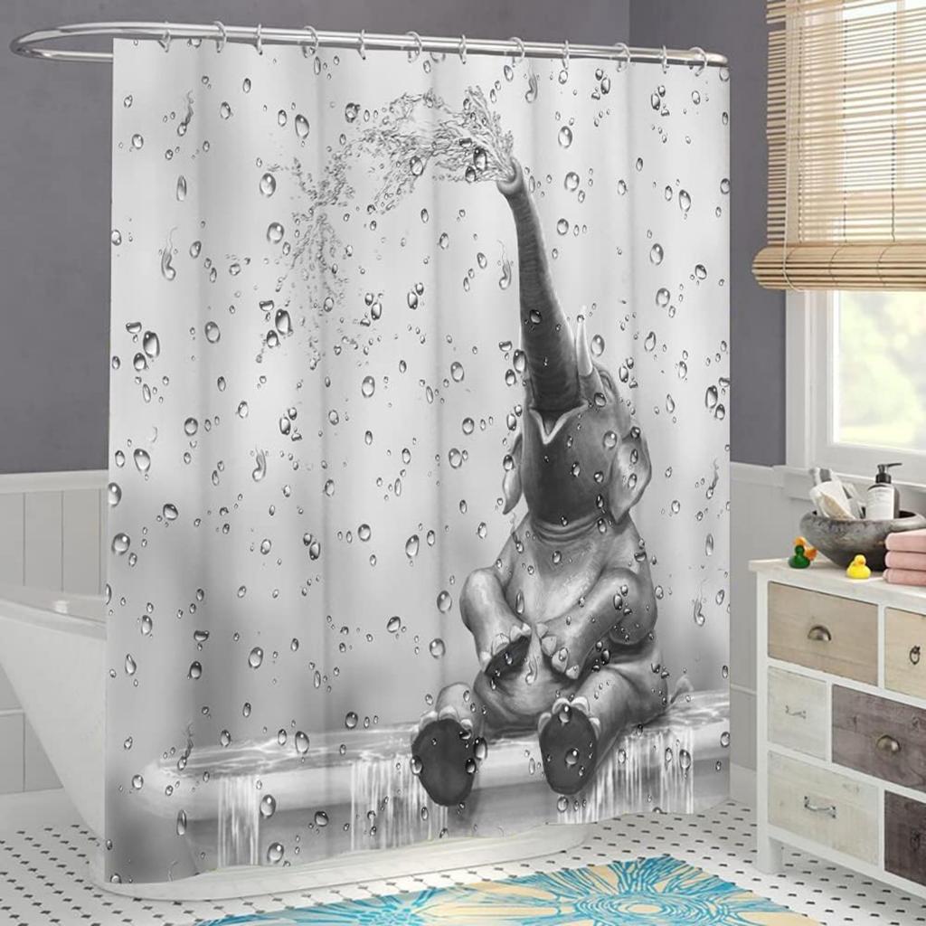 1pc Whimsical African Elephant Shower Curtain with Raindrop Design - Cute Wild Animal Bathroom Decor, Includes Hooks