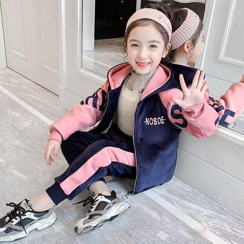 Girls' Gold Velvet Sweater Plus Velvet Thickening Girls Spring, Autumn and Winter Casual Sportswear Children's Double-sided Velvet Two-piece Suit
