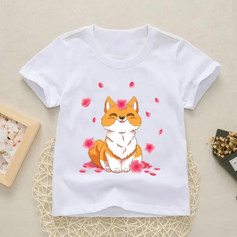 2025 New Fashion Cute Shiba Inu Girls Boys Print T Shirt Tops Kids Funny Clothes Cartoon Children Round Neck New Tshirt