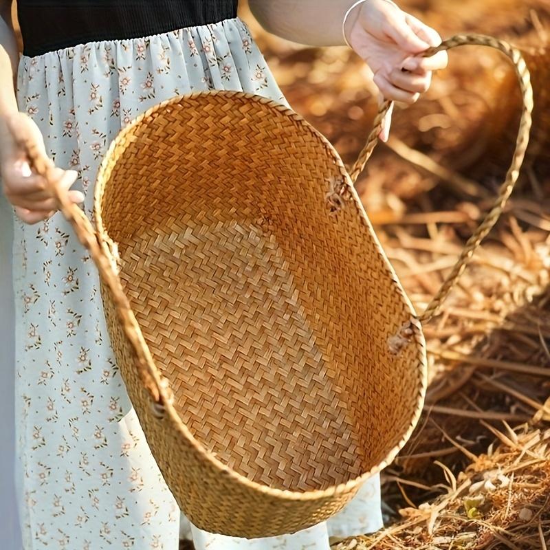 1 Stück Neuer Vintage Handgewebter Rattan-Korb Kreativer Haus- und Outdoor-Picknickkorb Großer Tragbarer Einkaufskorb