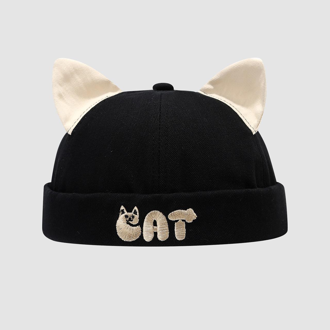 

Cute Cartoon Baby Brimless Hat With Ears Solid Color Dome Docker Cap Toddler Kids Drawstring Adjustable Melon Caps 50-52cm 2-5Year чорний