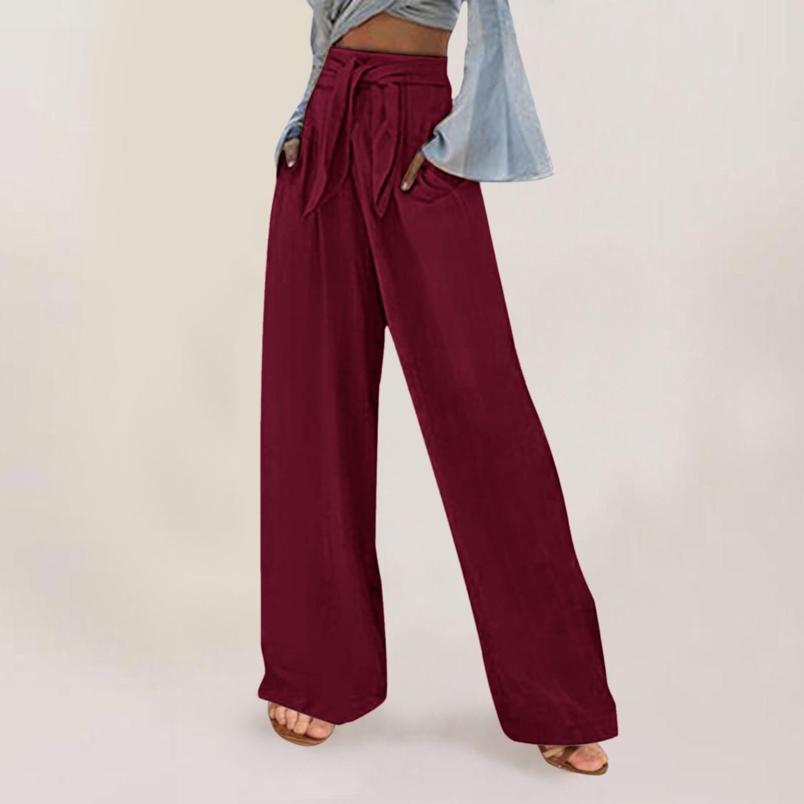 

Women s Loose Pocket Wide Leg Pants Casual Button Elastic Waist Cotton Linen Loose Wide Leg Pants XXL винний