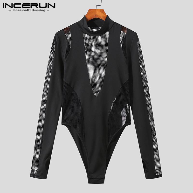 INCERUN Lente Heren Splicing Mesh Hollow Out Slim Party Tops Jumpsuits XL zwart