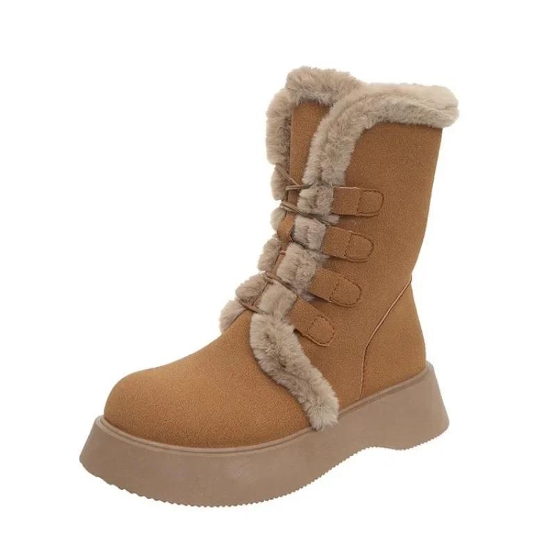 Fashion Platform High Boot Women Snow Boots Flats Fur Warm Shoes 2024 Trend Suede Cotton Sneaker Winter Kawaii Lace Up Plush Botas Mujer