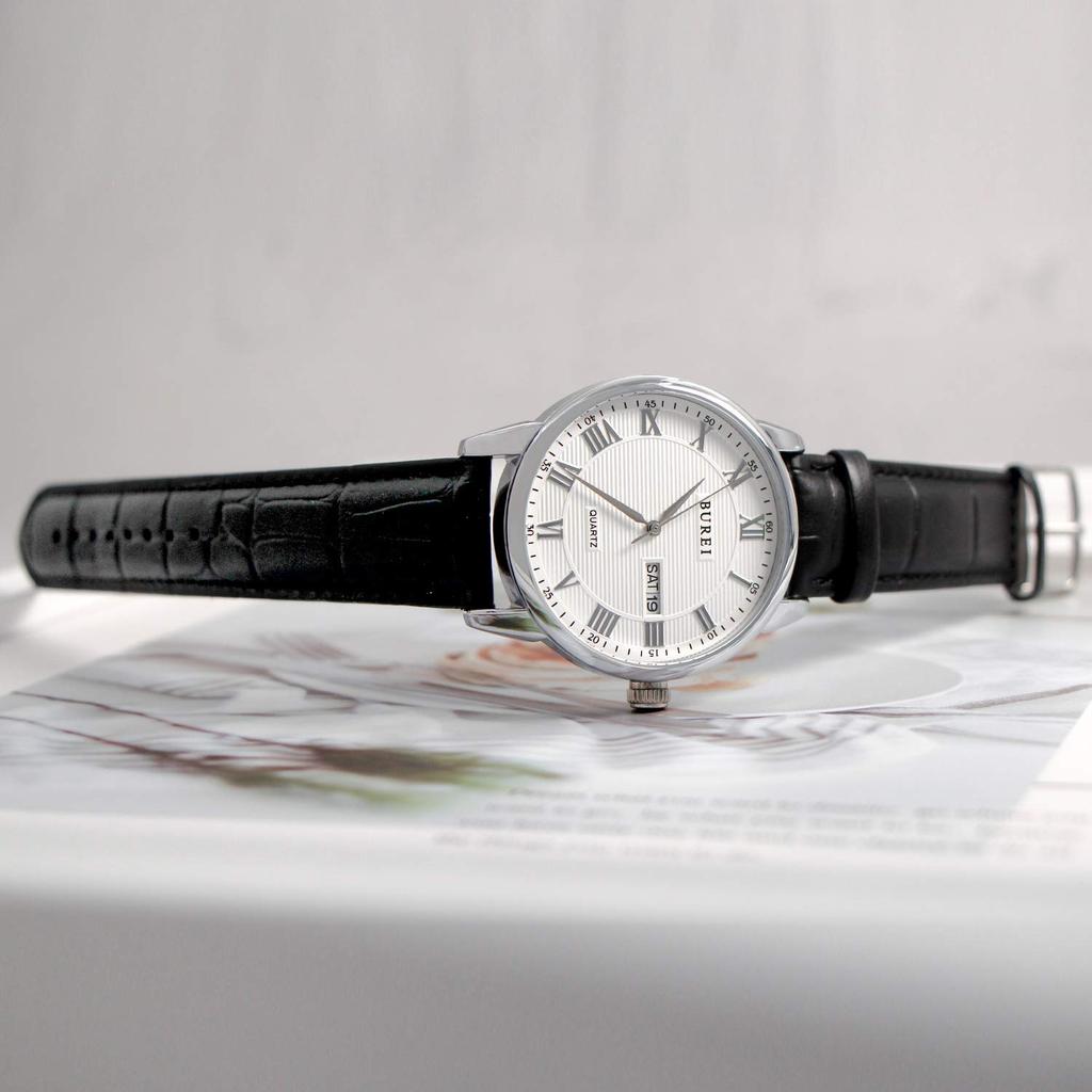 BUREI Men's Leather Watch, Popular Brand, Analog, Roman Numeral, Simple Design, Waterproof, Stylish, Commuter, Business, Silver White
