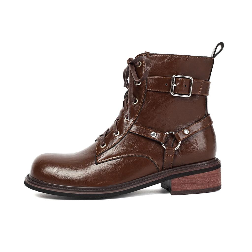 Women's Retro Thick-Sole Round-Toe Leather Knight Boots, Chunky Heel, Plus Velvet, Western Cowboy Style, Sizes 34-47