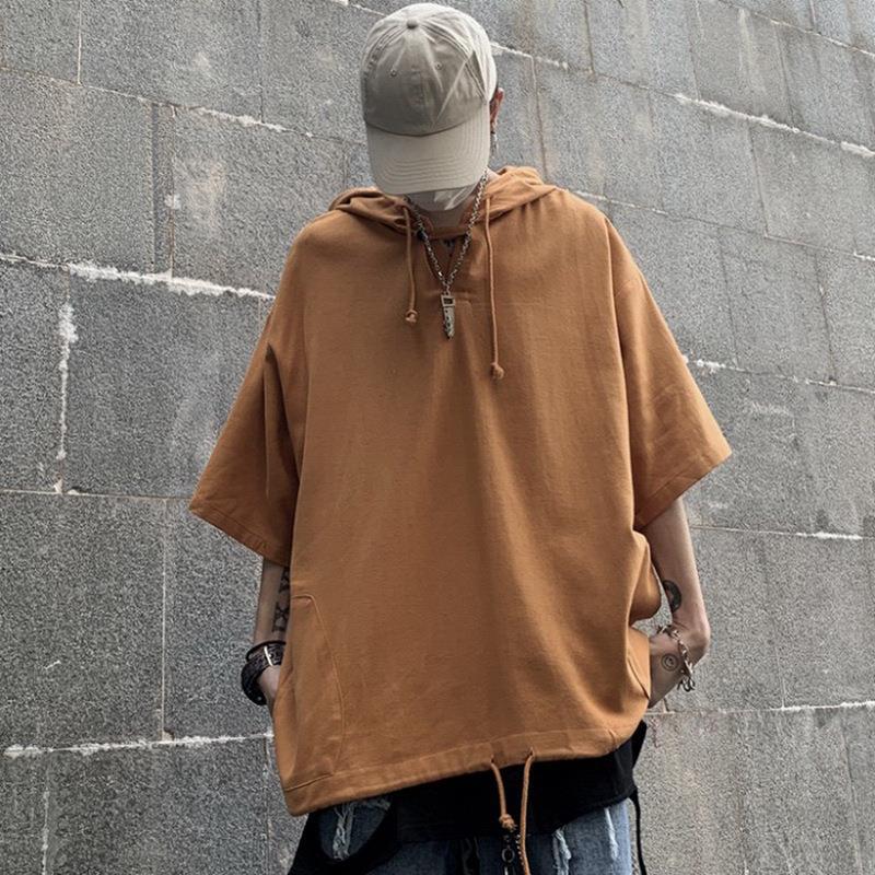 Dark Trendy Oversized Men's Hip-Hop Hooded Short-Sleeve Korean Style T-Shirt