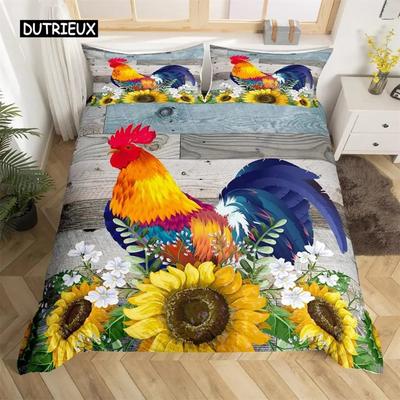 Bettbezug Pastorale Szenerie Tier Huhn Twin Land Sonnenblume Hahn Bettbezug Mikrofaser Rustikal Scheune Bettwäsche-Set