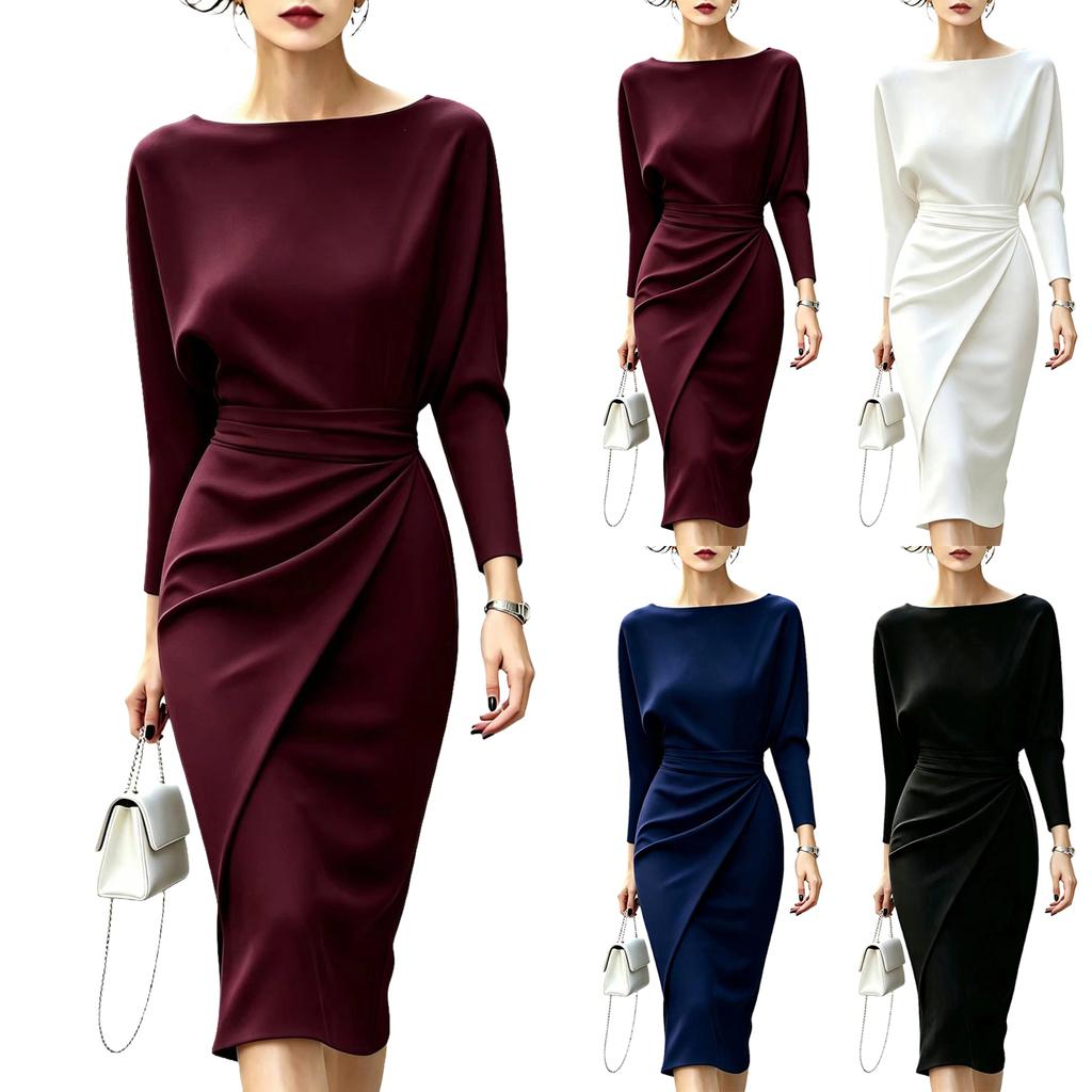 Damenmode Rundhals Langarm Hohe Taille Bodycon Kleid