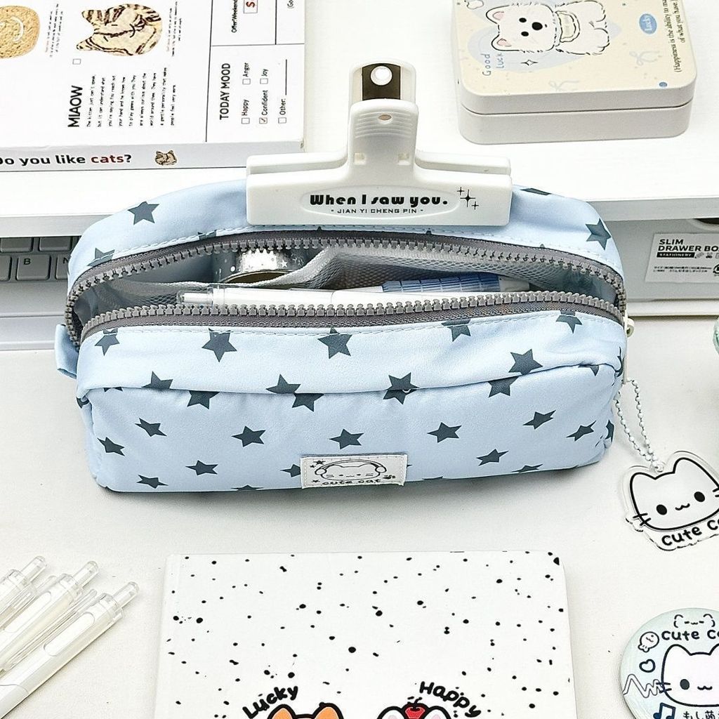 Starry Dot Cat Pencil Case With Fabric Material For Students And Girls