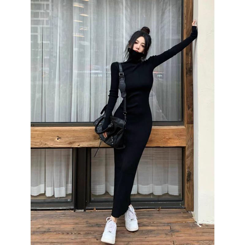 Stunning High-end Long Black Inner Slim-fitting and Thin Bottom Sweater Skirt High-necked Knitted Dress Women's Autumn and Winter
