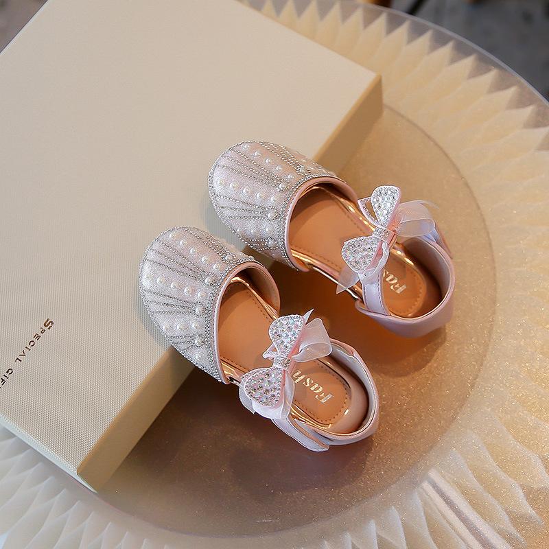 Princess shoes for girls2026Summer new style rhinestone soft-soled non-slip bowknot fashion half-sandals for children with crystals