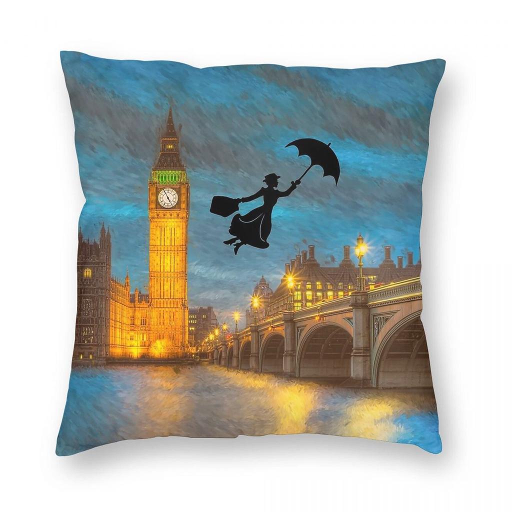 Mary Poppins Over London Square Pillowcase Polyester Linen Velvet Pattern Zip Decorative Pillow Case Car Cushion Cover 18"