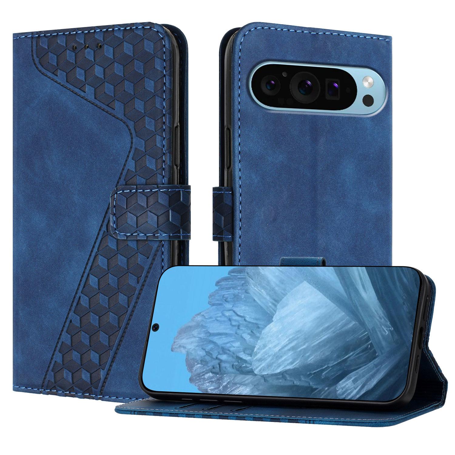 

For Google Pixel 9 Pro Leather Case 7-Shaped Pattern Wallet Stand Shockproof Phone Cover Blue