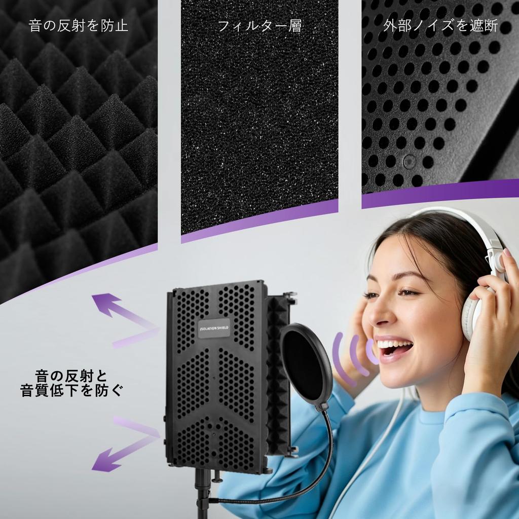 Rigych Microphone Isolation Shield 3-Panel with Pop Filter Microphone Stand High-Density Sound Absorption Foam Desktop Recording Podcasting Singing