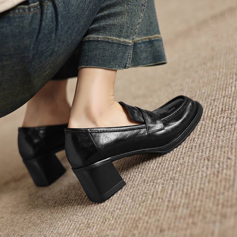 Krazing Pot Sheepskin Round Toe Thick Med Heels Spring Shoes Slip On Big Size 42 Loafers Women Platform Pumps
