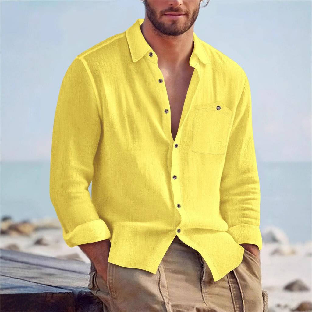 Autumn New Arrival Men's Solid-Colour Collared Cardigan Linen Loose-Fit Casual Long-Sleeved Shirt