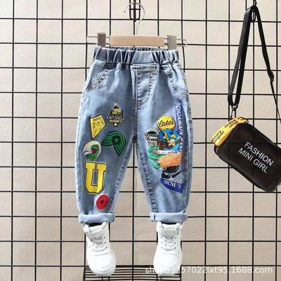 Children's Boys Solid Straight Cartoon Jeans Washed Distressed Style Loose Casual Denim Pants
