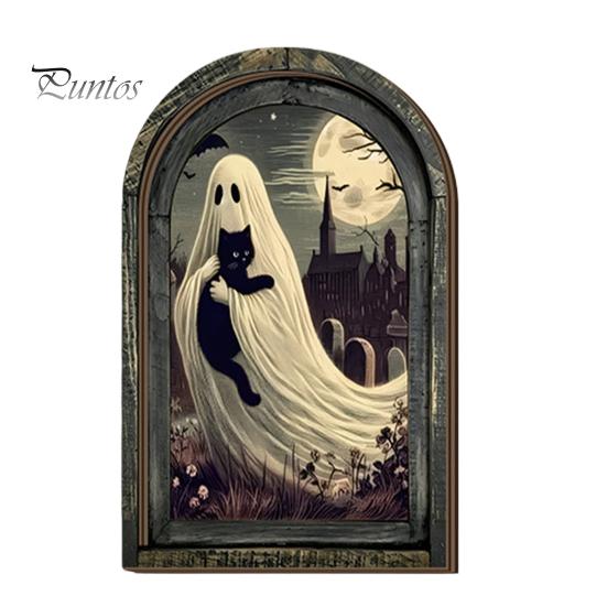 Halloween Desktop Ornament Arched Wooden Wall Decor, Ghost Cat Hanging Ornament, Distressed Gothic Solid Wood Frame Tabletop Decor Plaque, Spooky Home