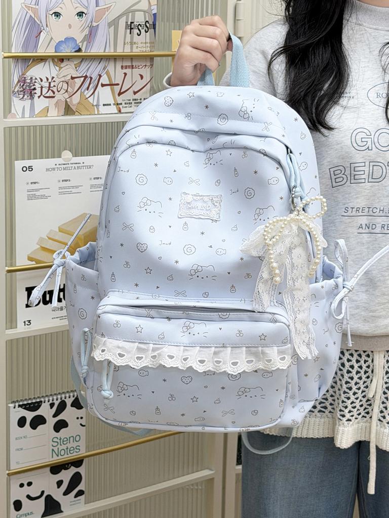2 sizes of lace women's backpacks with beaded pendants Ins Cute Cartoon Printed school bags Sweet ladies travel mini backpack