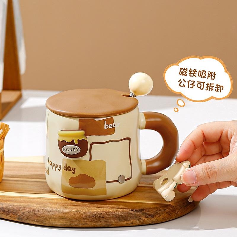 Cute Bear Mug Cartoon Spoon with Lid Ceramic Water Cup High Beauty Hand Gift Coffee Mug