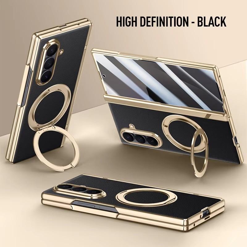 

Luxury Leather Phone Case For Samsung Galaxy Z Fold7 5G 360° Swivel Bracket Magnetic Tempered Glass Front Film Wireless Charging For Galaxy Z Fold7