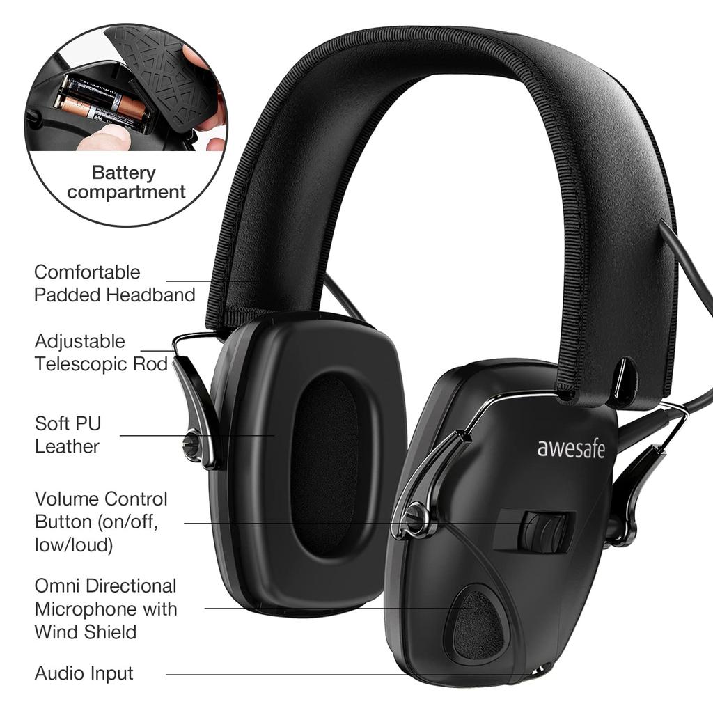 AWESAFE Electronic Noise Cancelling Noise Cancelling NRR Adjustable Telescopic Adjustment Hearing Protection Travel Storage Carrying Case Earmuffs,