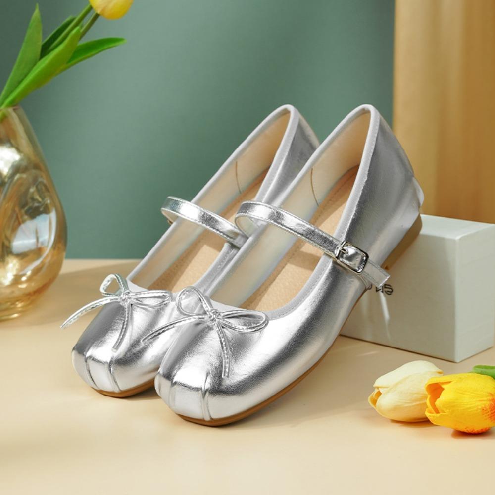 Fashion Inner Height Increase Silver Mary Jane Pumps Women's Summer Flats 2025 New Ballet Shoes with Skirt Small Leather Shoes for Women
