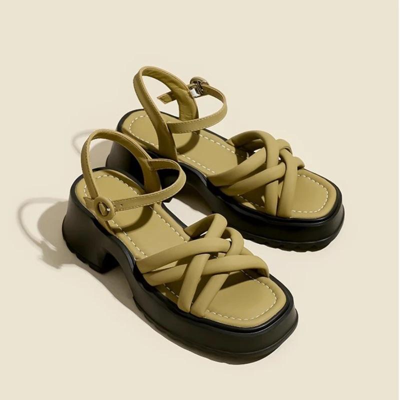 

Модная женская обувь с пряжкой-булавкой, летние новые женские босоножки на высоком каблуке, удобные босоножки с открытым носком и толстым каблуком 35