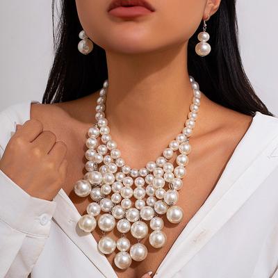 Retro Geometric Round Bead Multi-layer Collarbone Chain Female, Exaggerated Personality Imitation Pearl Fringed Necklace Set